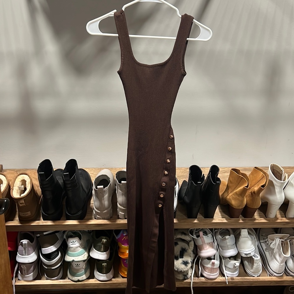 Windsor Brown Ribbed Midi Dress with Side Button Detail